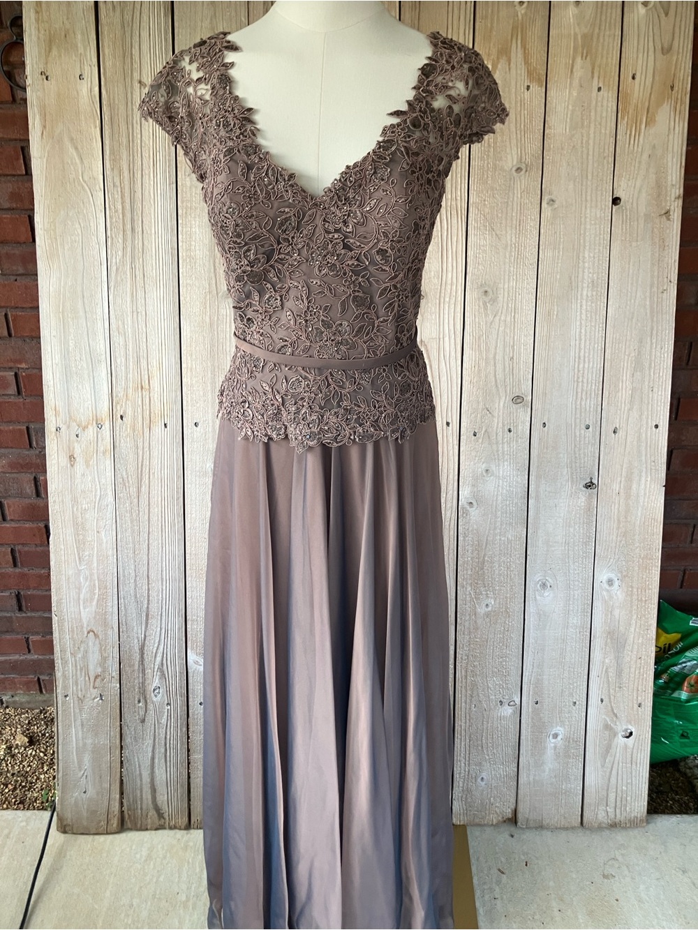 La Femme Taupe Lace Bodice Maxi Dress